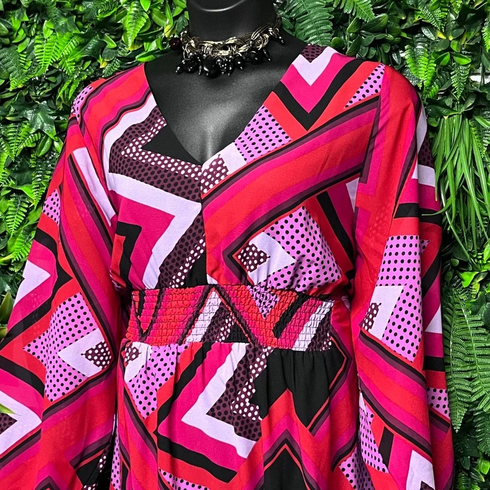 Ashley Stewart Dress Size 18/20 Pink Geometric Chevron High-Low V-Neck Boho 3778 - Picture 5 of 7